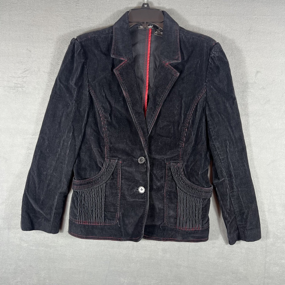 Willi Smith Women's Black Corduroy Blazer Jacket Size 12 Red Stitching Hip